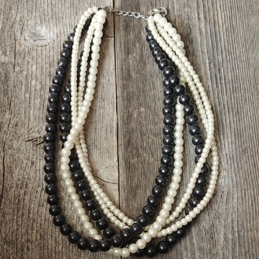 5 Strand Black and White Beaded Necklace